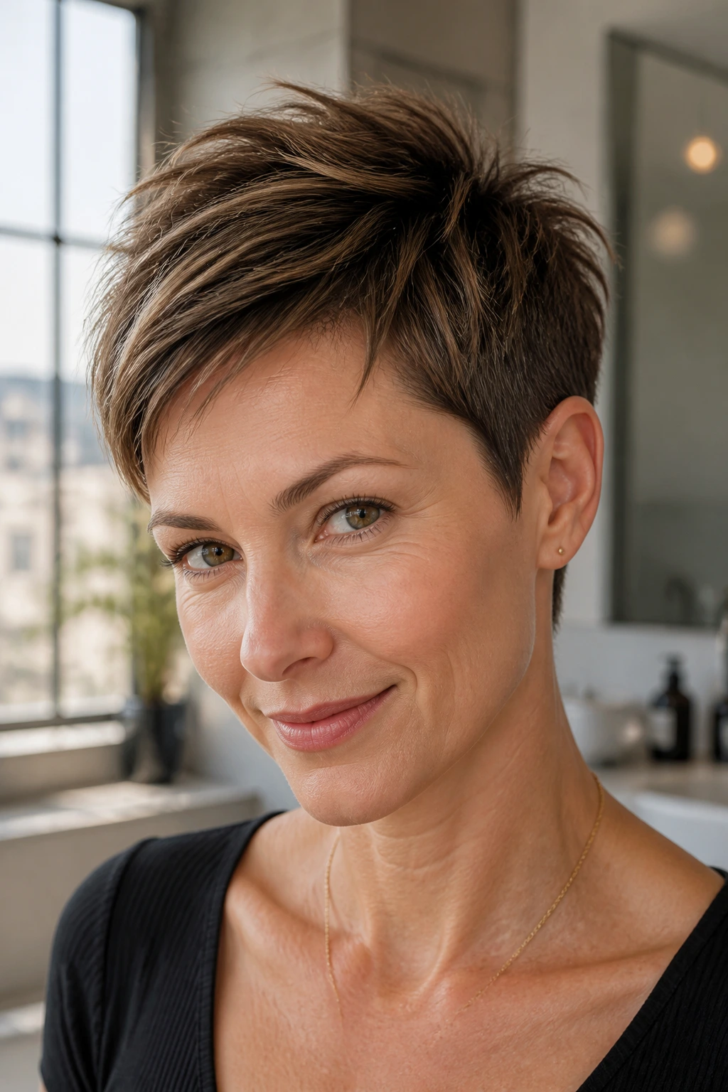 Close-up portrait of a real woman with a tapered pixie and lifted crown in a sunlit setting