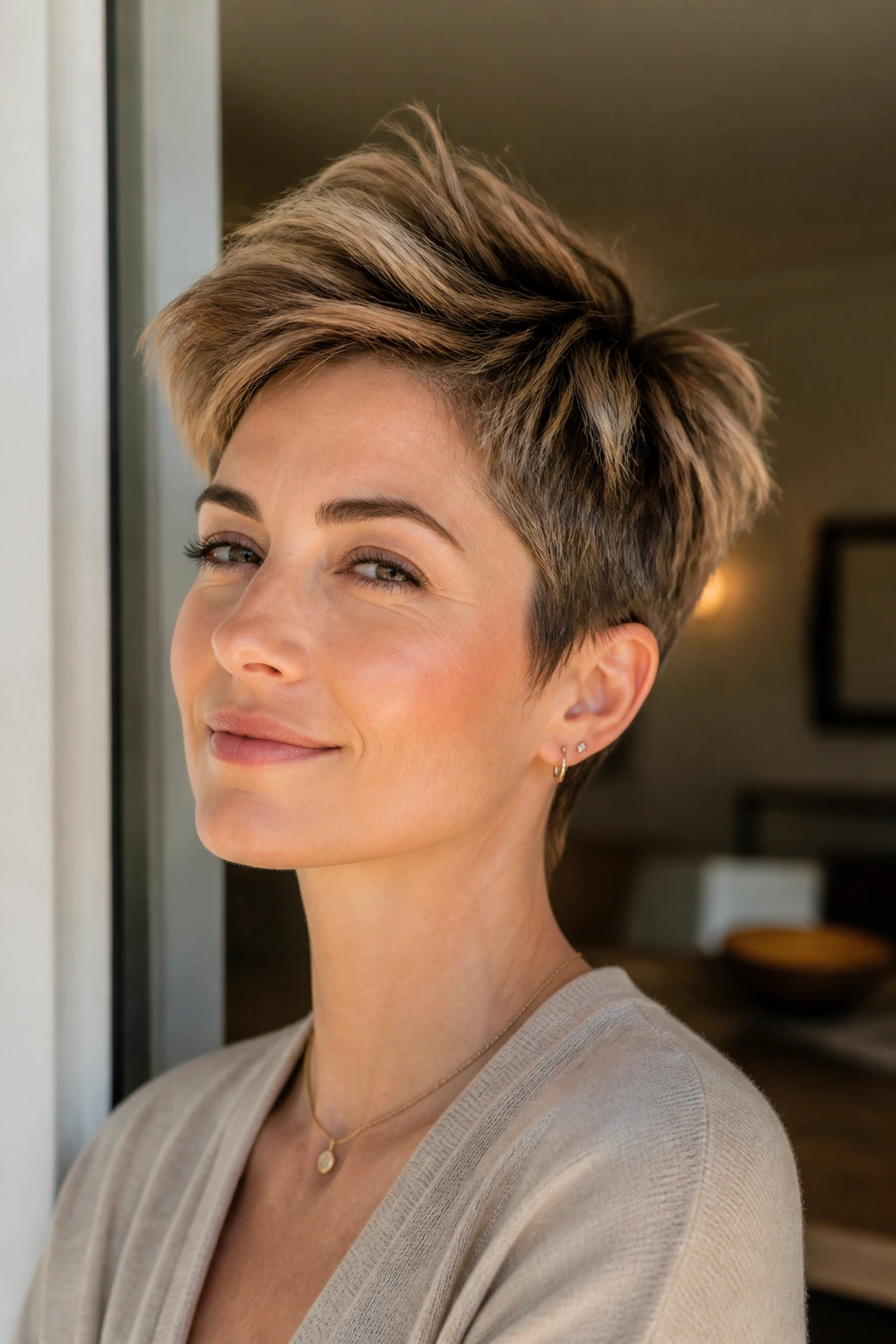 Close-up of a woman wearing a tapered pixie with lifted crown