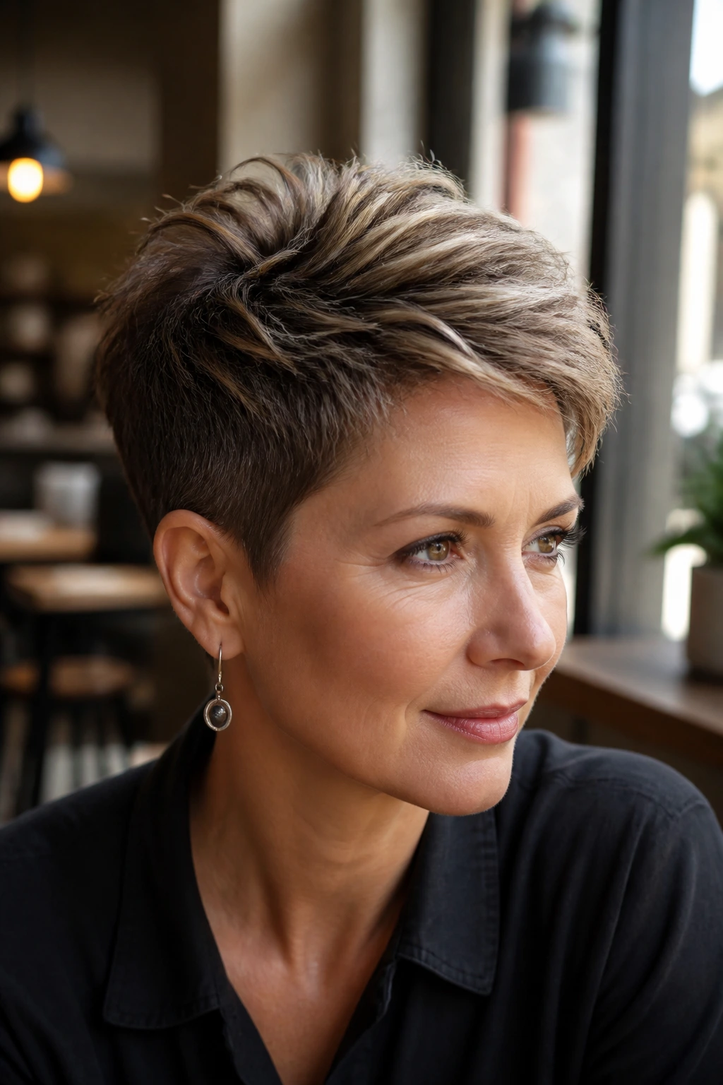 Close-up portrait of a real woman with a tapered pixie and dimensional crown lightening using babylights