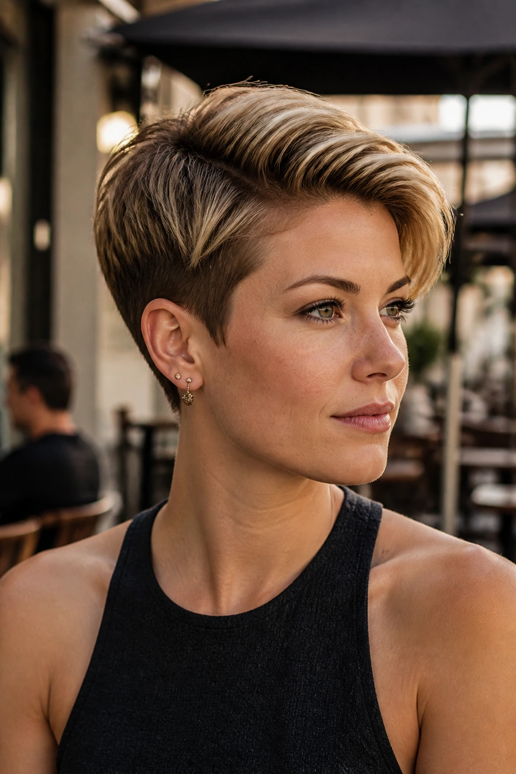 Portrait of a person with tapered pixie and long crown sweep.