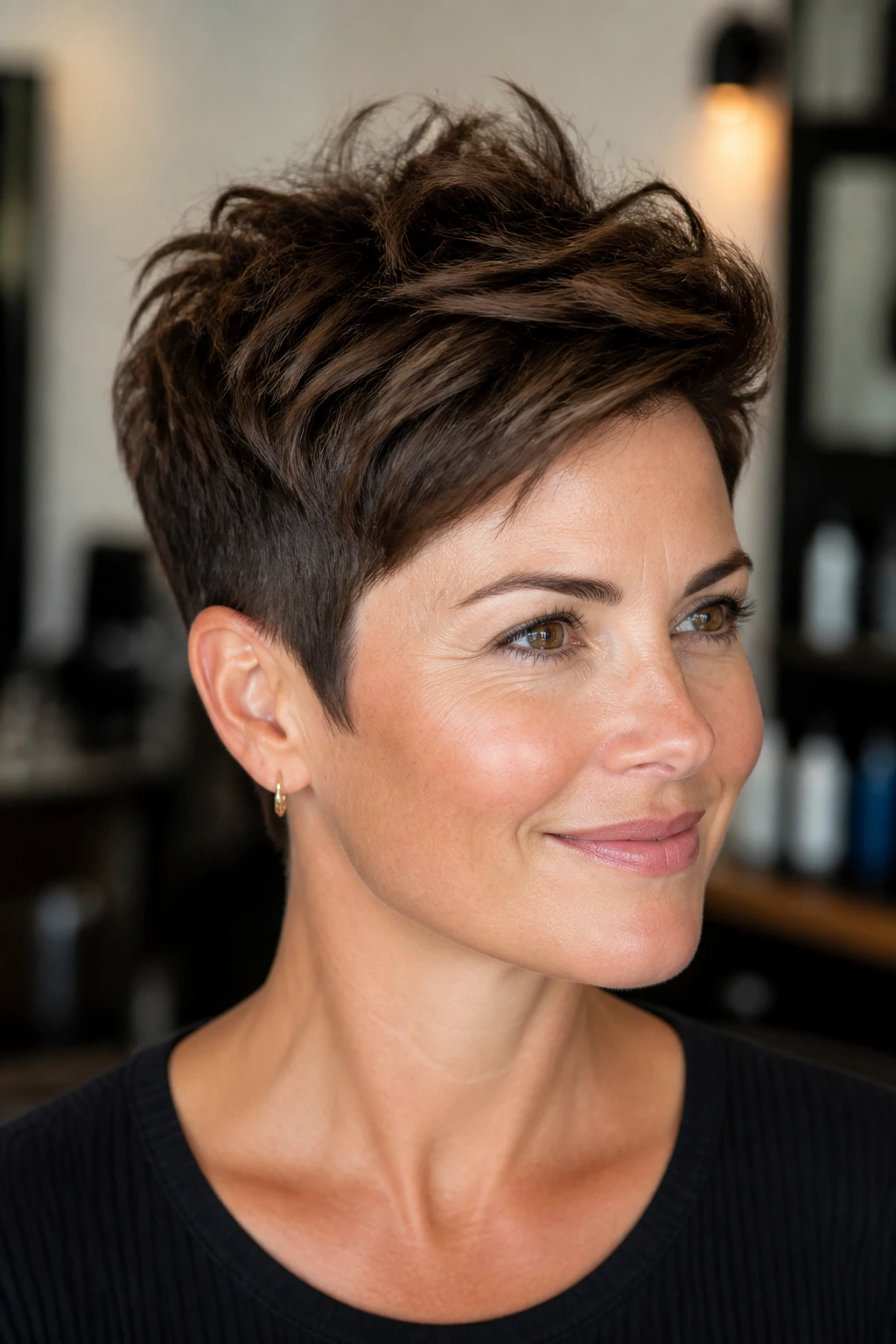 Close-up of a real woman with a tapered pixie and crown volume