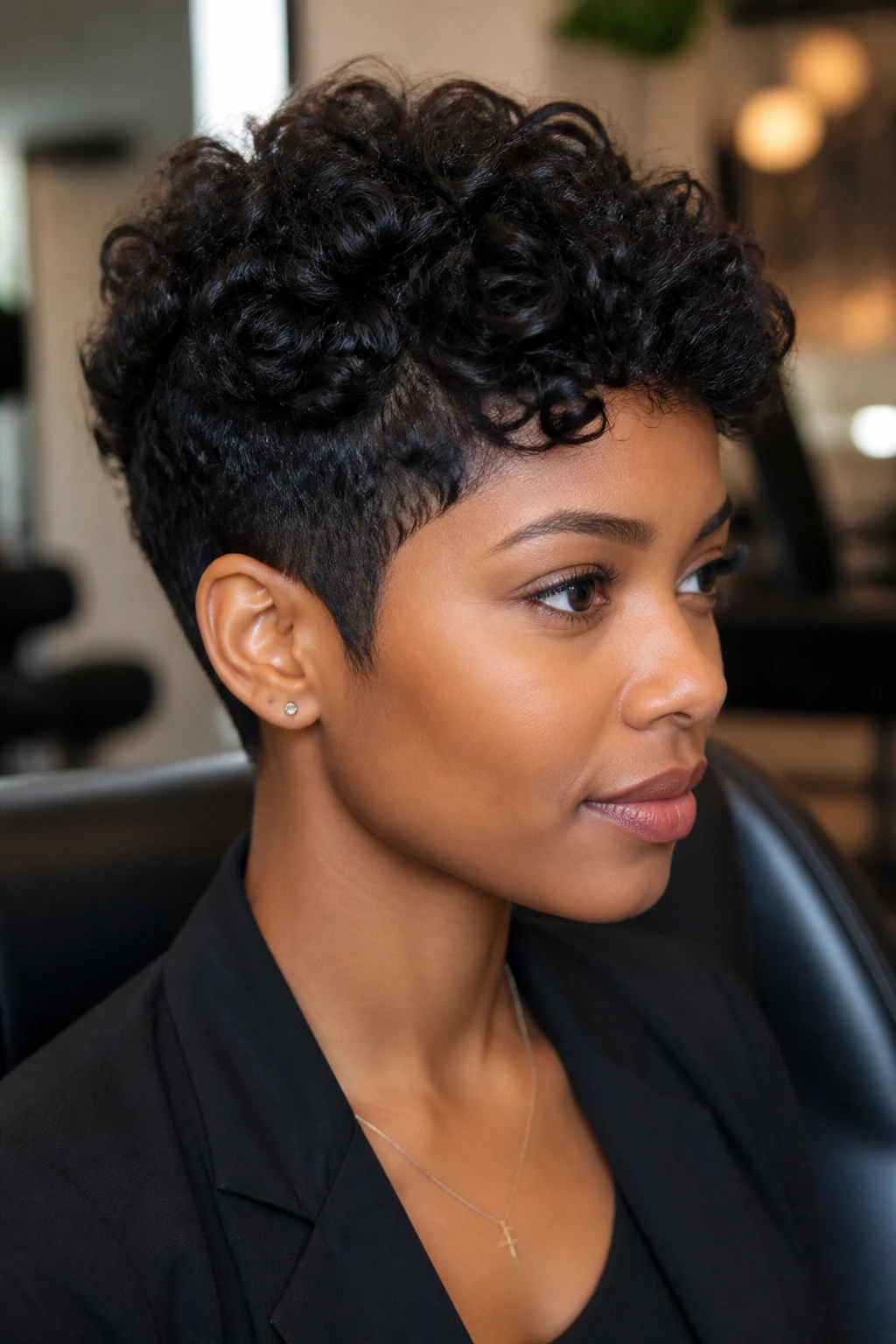 Close-up of a real Black woman with a tapered curly pixie