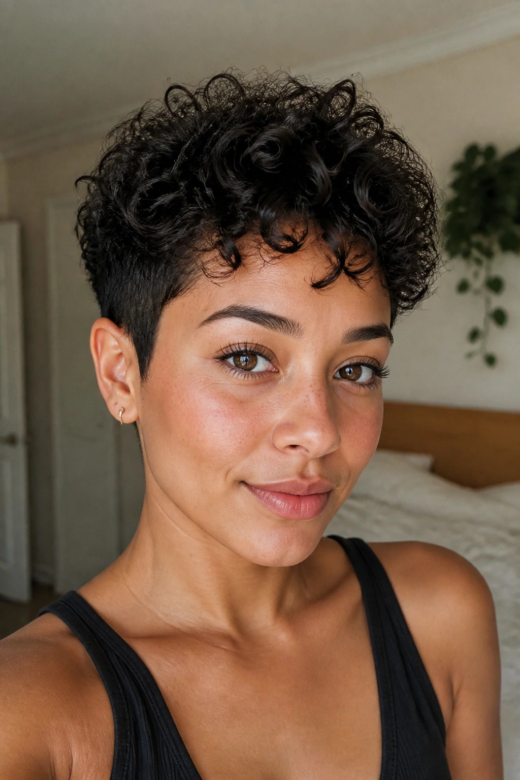Close-up portrait of a real woman with a tapered curly pixie haircut and crown volume.