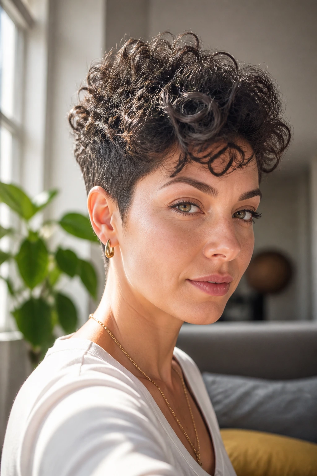 Close-up portrait of a real woman with a tapered pixie and curl height on top, in a sunlit living room