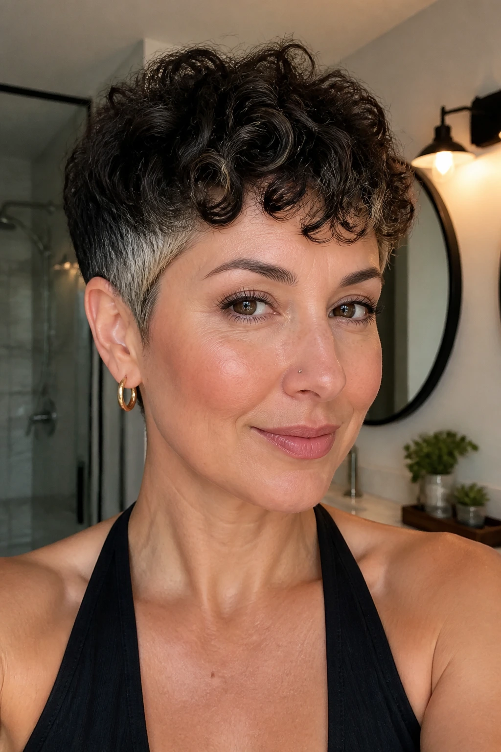 Real woman with tapered pixie and mini curly fringe.