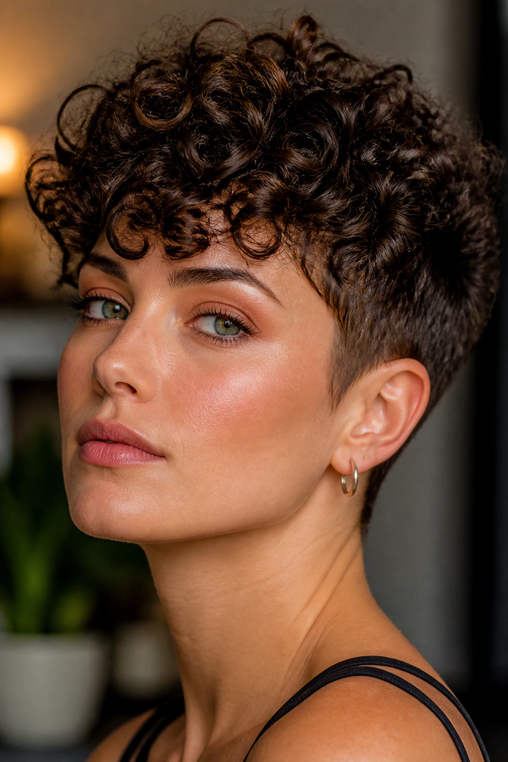 Close-up portrait of a real woman with a tapered curly pixie hairstyle
