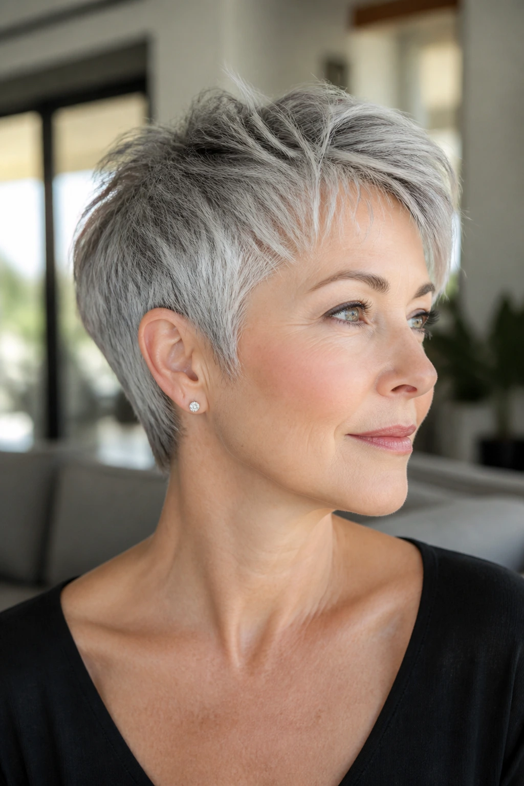 Portrait of a person with a tapered pixie and feathered crown