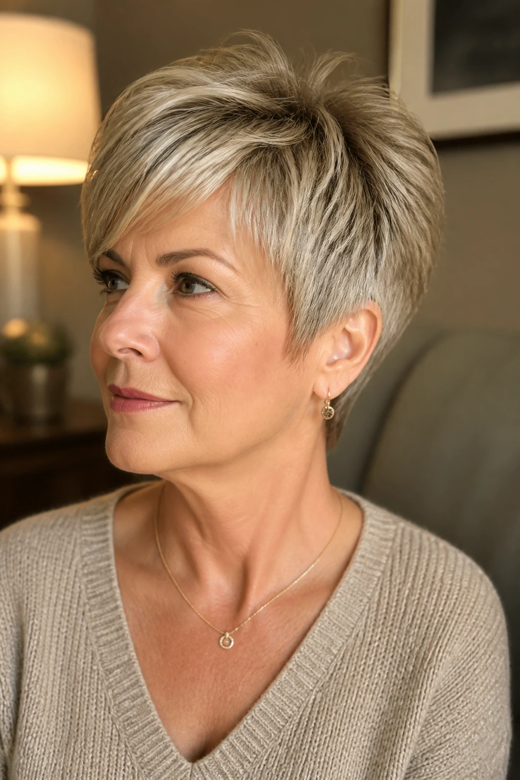 Real person wearing tapered pixie with feathered nape