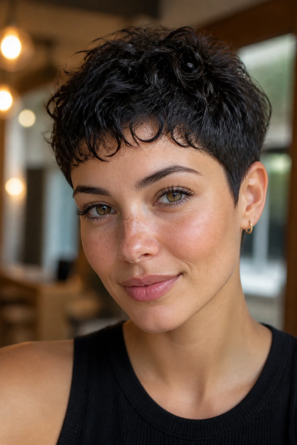 Close-up of a real woman's curly tapered pixie fringe in a warm salon setting