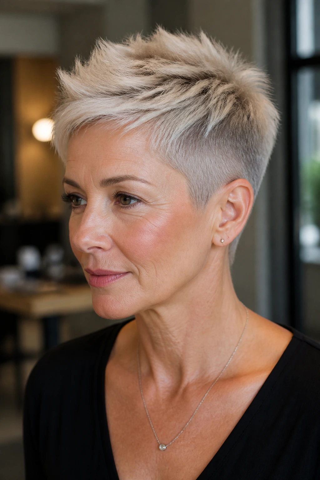 Portrait of a real woman with a tapered pixie and frosted top