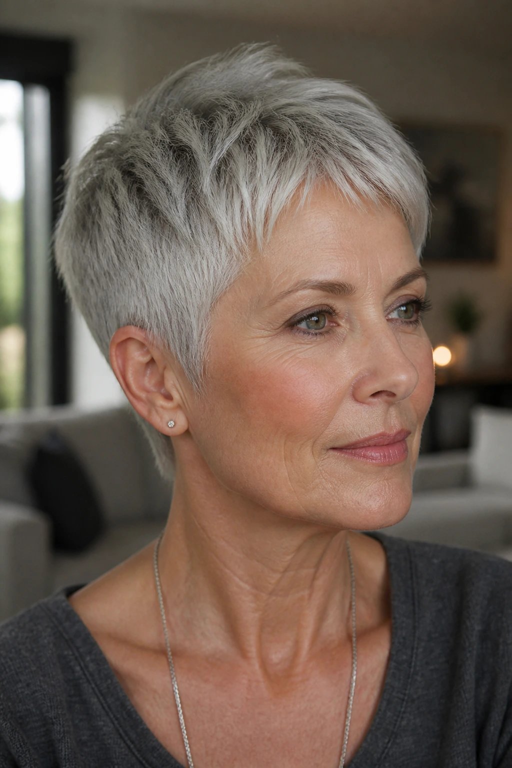 Close-up portrait of a real woman in a tapered soft pixie haircut with blended edges