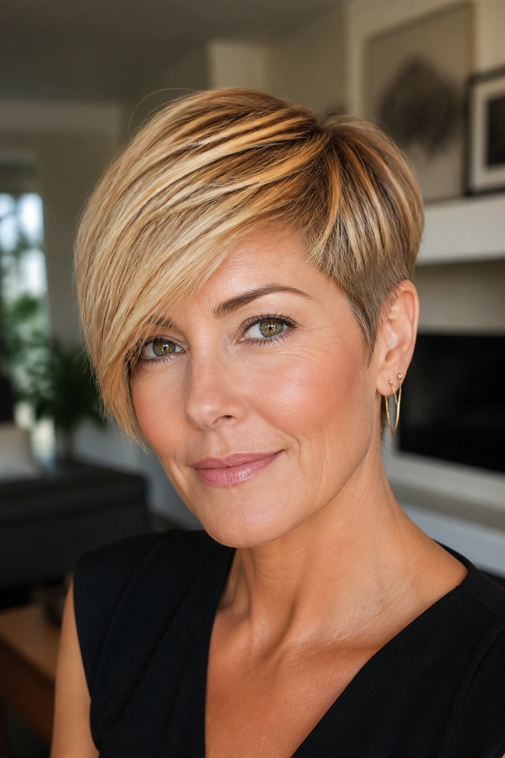 Portrait of a real woman with a tapered pixie and long side fringe