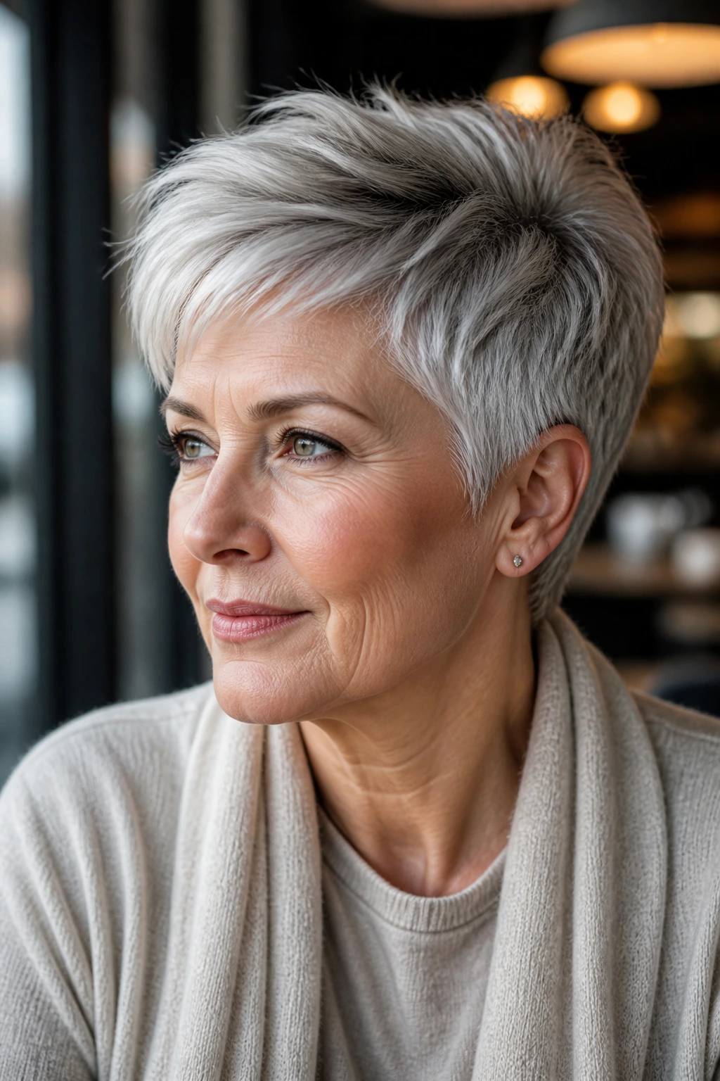 Close-up of a woman with a tapered pixie and icy crown highlights