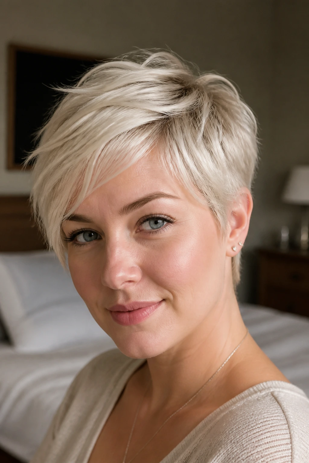 Close-up of real woman with tapered pixie in ivory blonde