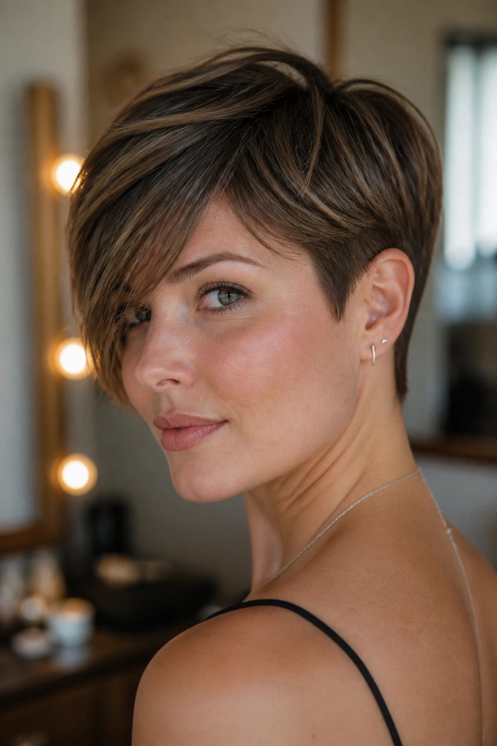 Close-up of a real woman with a tapered pixie and long bangs, fringe across cheekbone