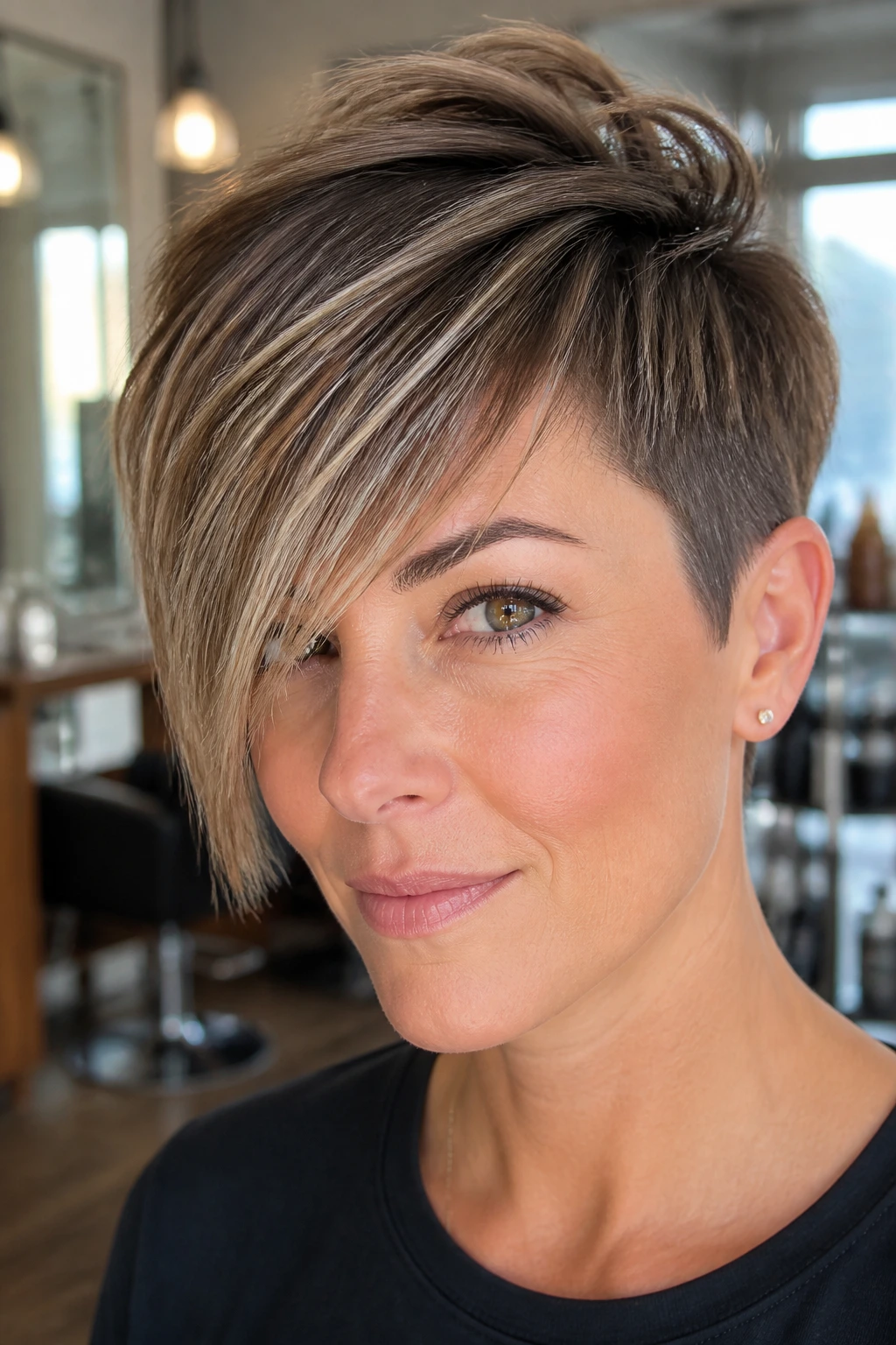 Close-up of a real person with a tapered pixie and long side fringe.