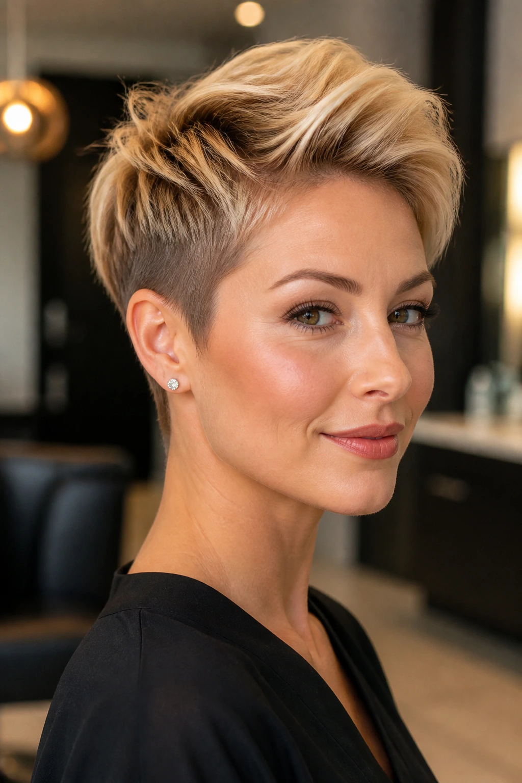 Close-up of a real blonde woman with a tapered pixie and long top