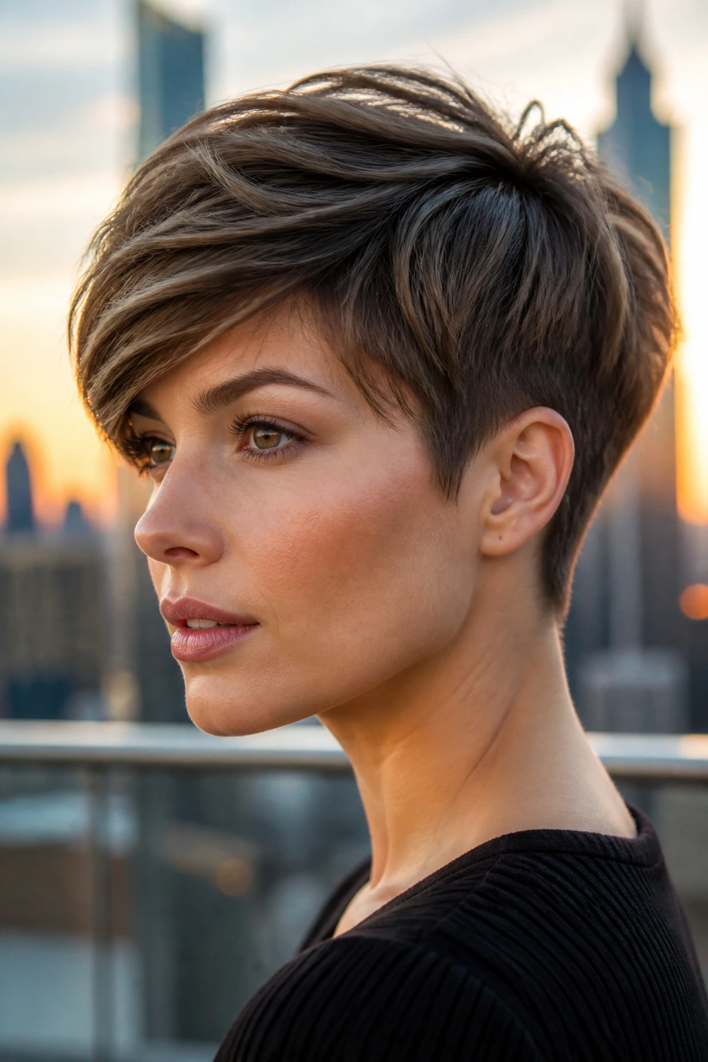Close-up portrait of a real woman with a tapered pixie and long top against a city skyline at golden hour