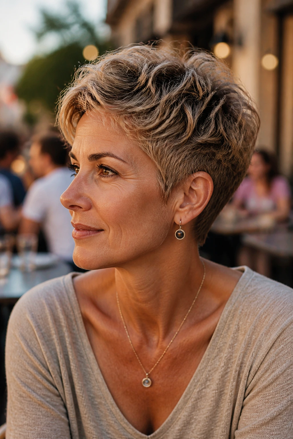 Close-up of a real woman with a tapered wavy pixie and longer crown.