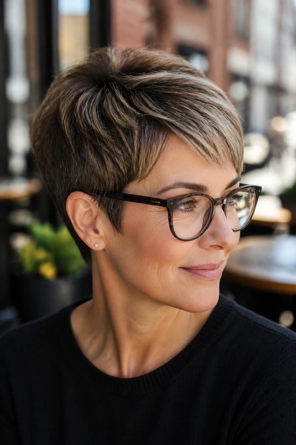 Portrait of a woman with a tapered pixie and micro-babylights in natural daylight