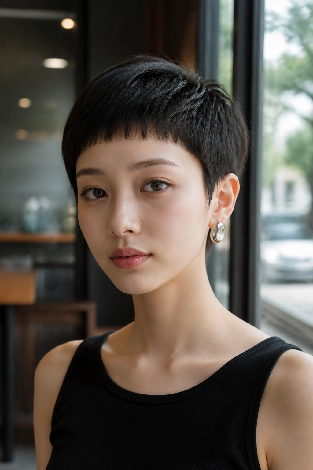 Real person with tapered sides and micro fringe pixie, portrait close-up