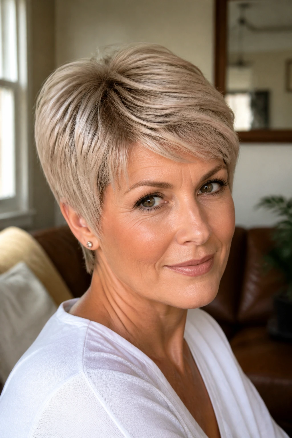 Real person wearing tapered pixie with monofilament crown and visible scalp.