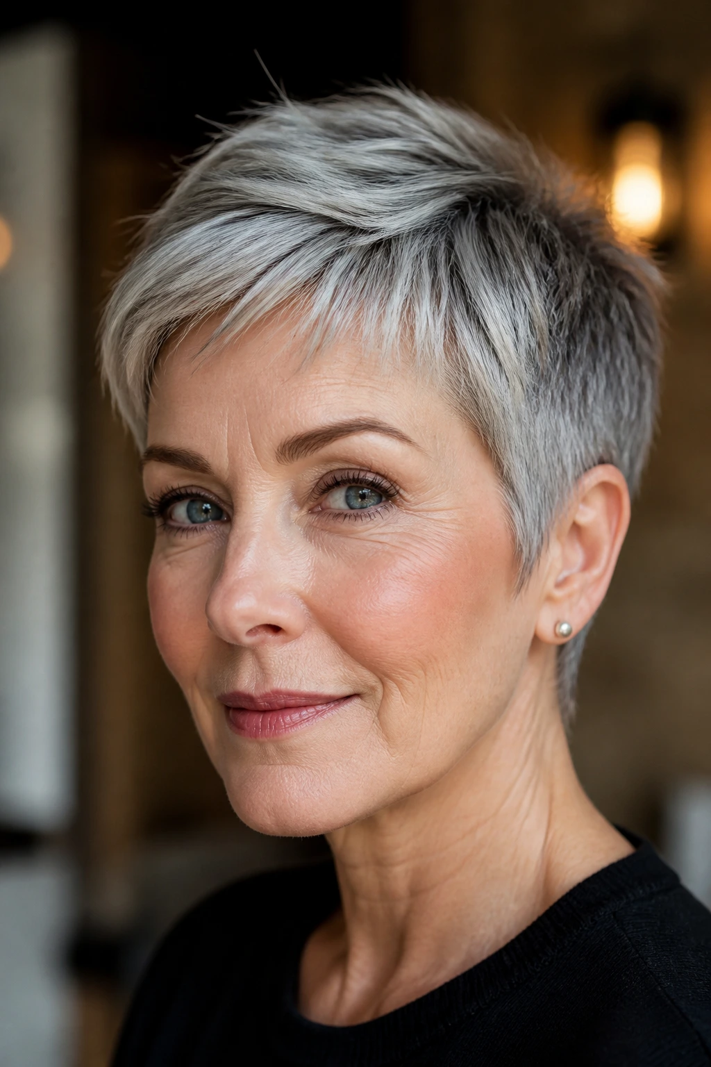 Close-up real person with tapered pixie and pearl sheen