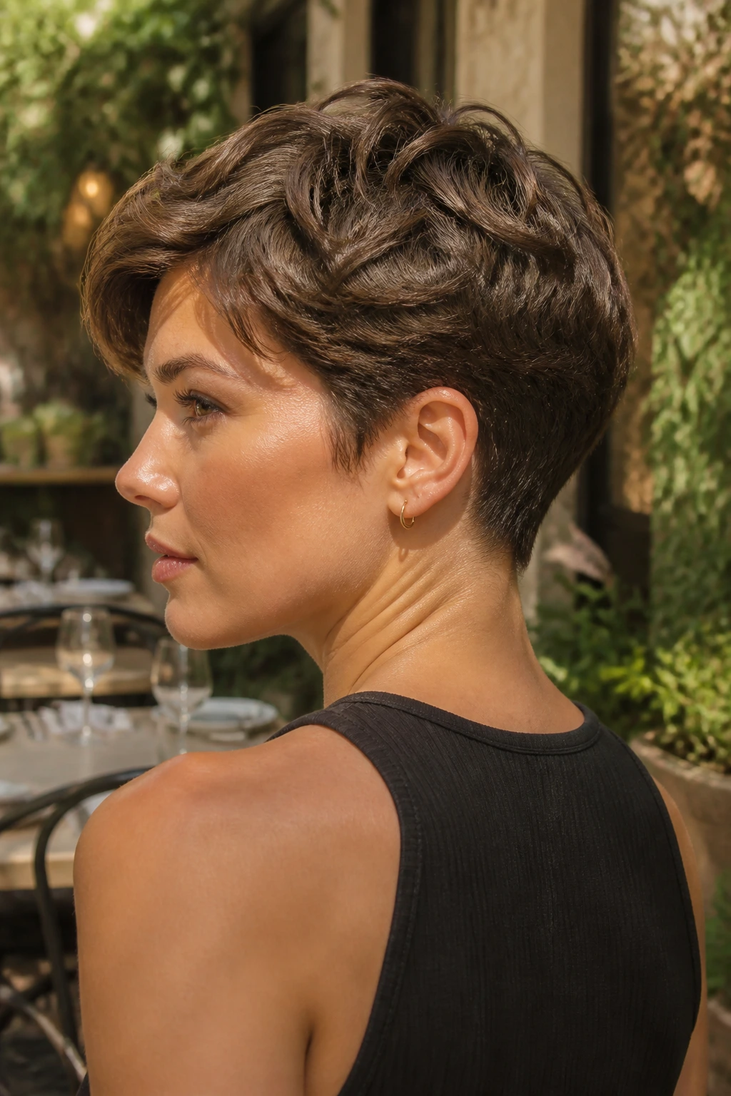 Close-up portrait of a real woman with a tapered pixie haircut showing nape taper and textured top