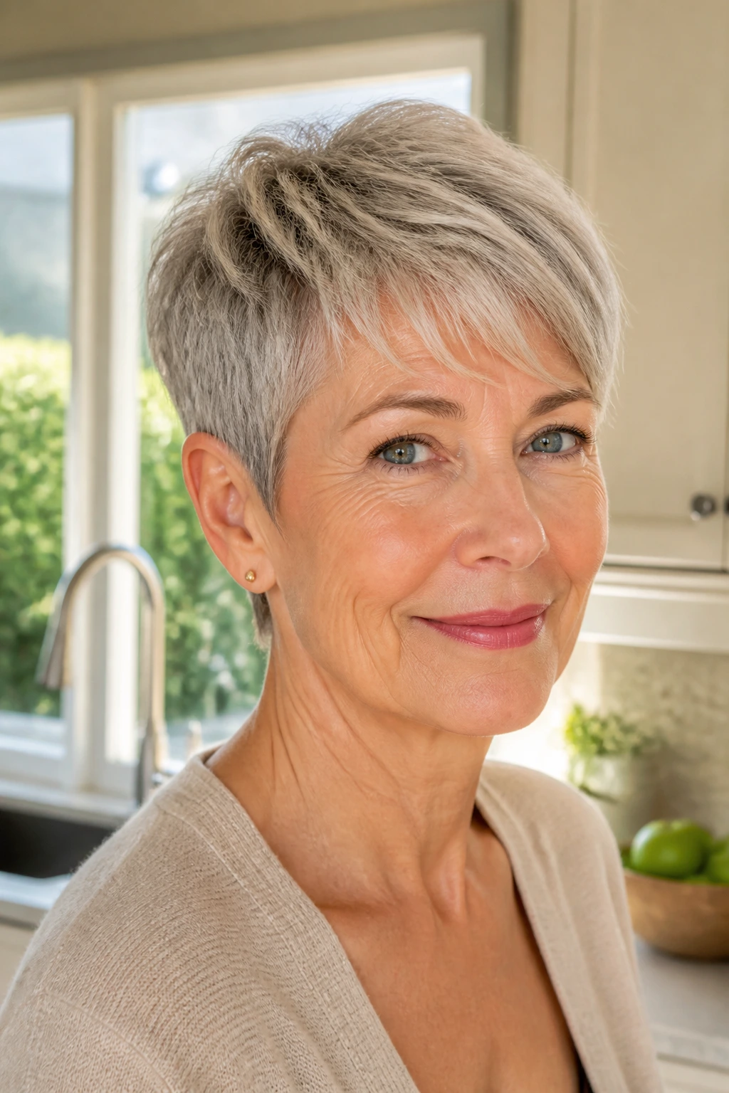 Portrait of a woman with a tapered pixie and soft fringe