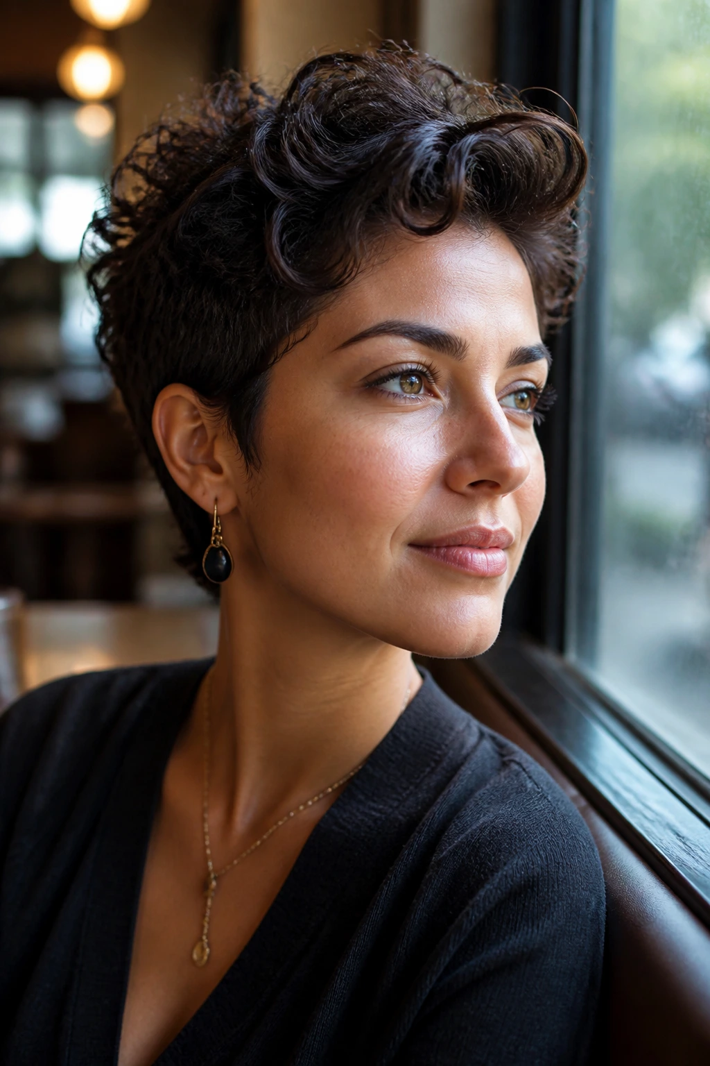 Portrait of a woman with tapered pixie and swept-back top in cafe window light