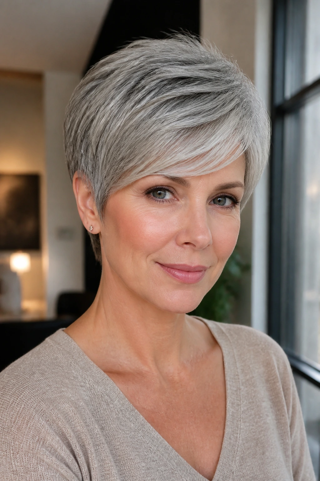 Close-up of a real person with feminine tapered pixie and swooped bangs
