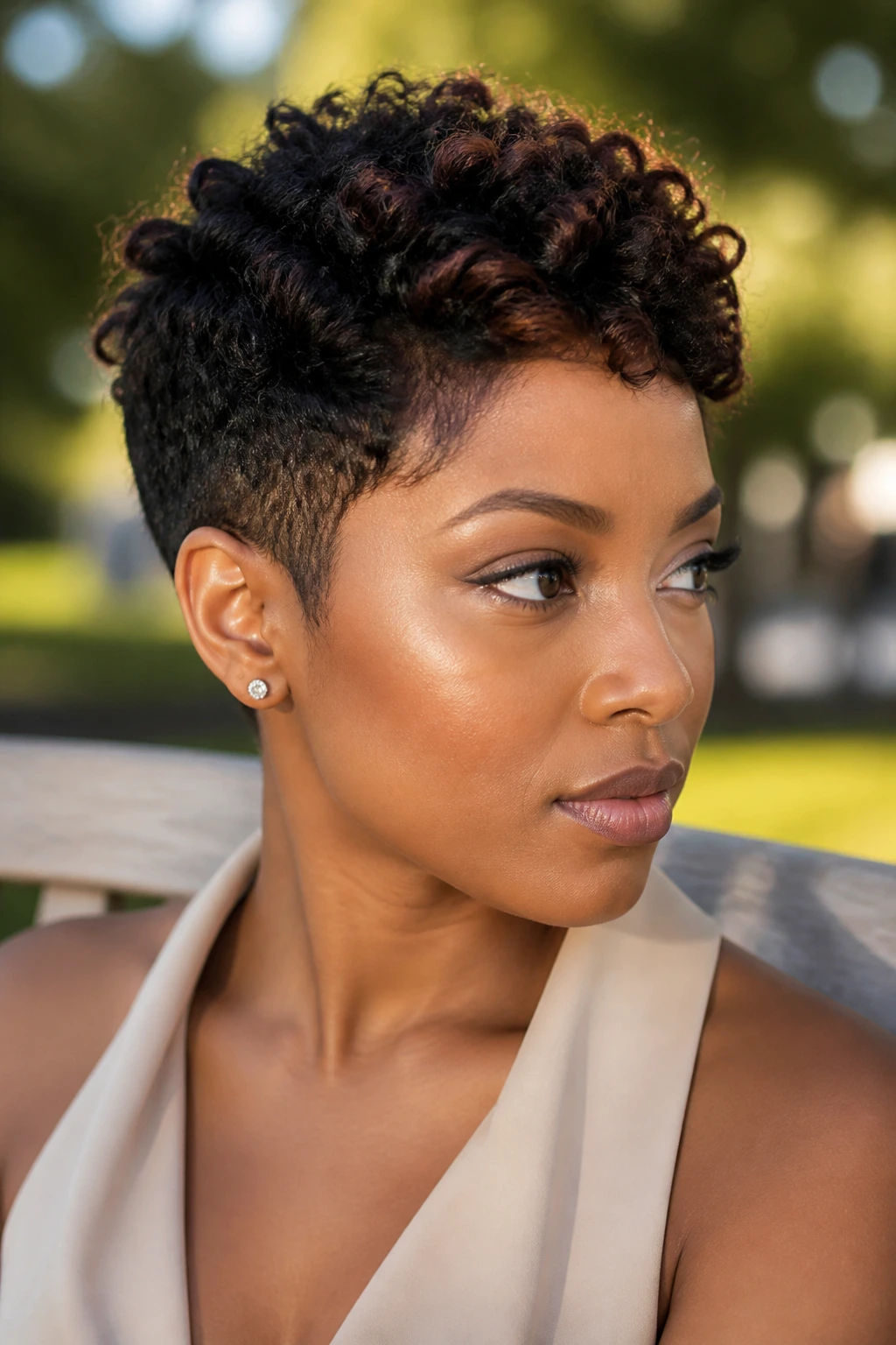 Close-up portrait of a real Black woman with tapered pixie and longer top showing texture variation