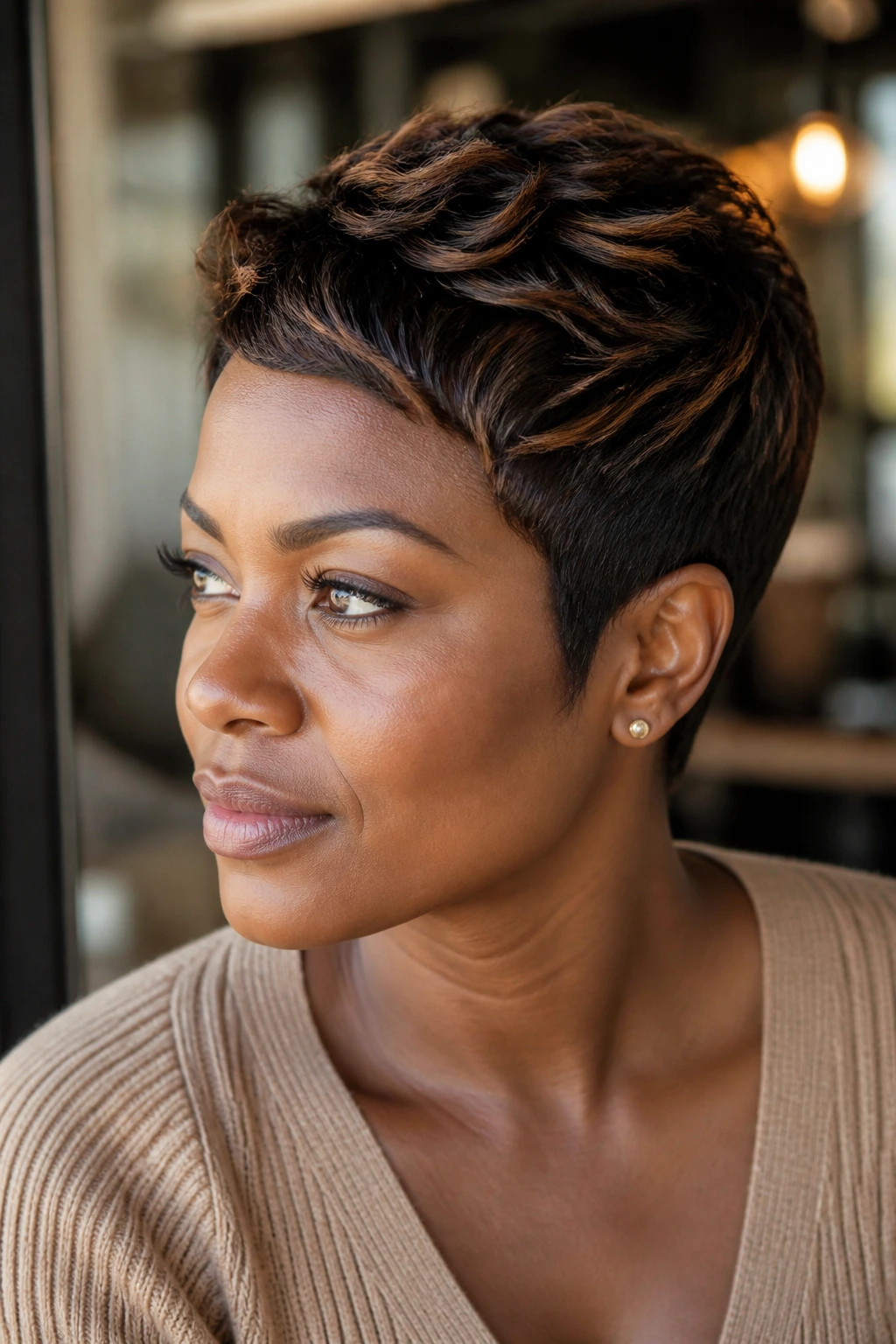 Close-up of a tapered pixie with tiny toffee strokes