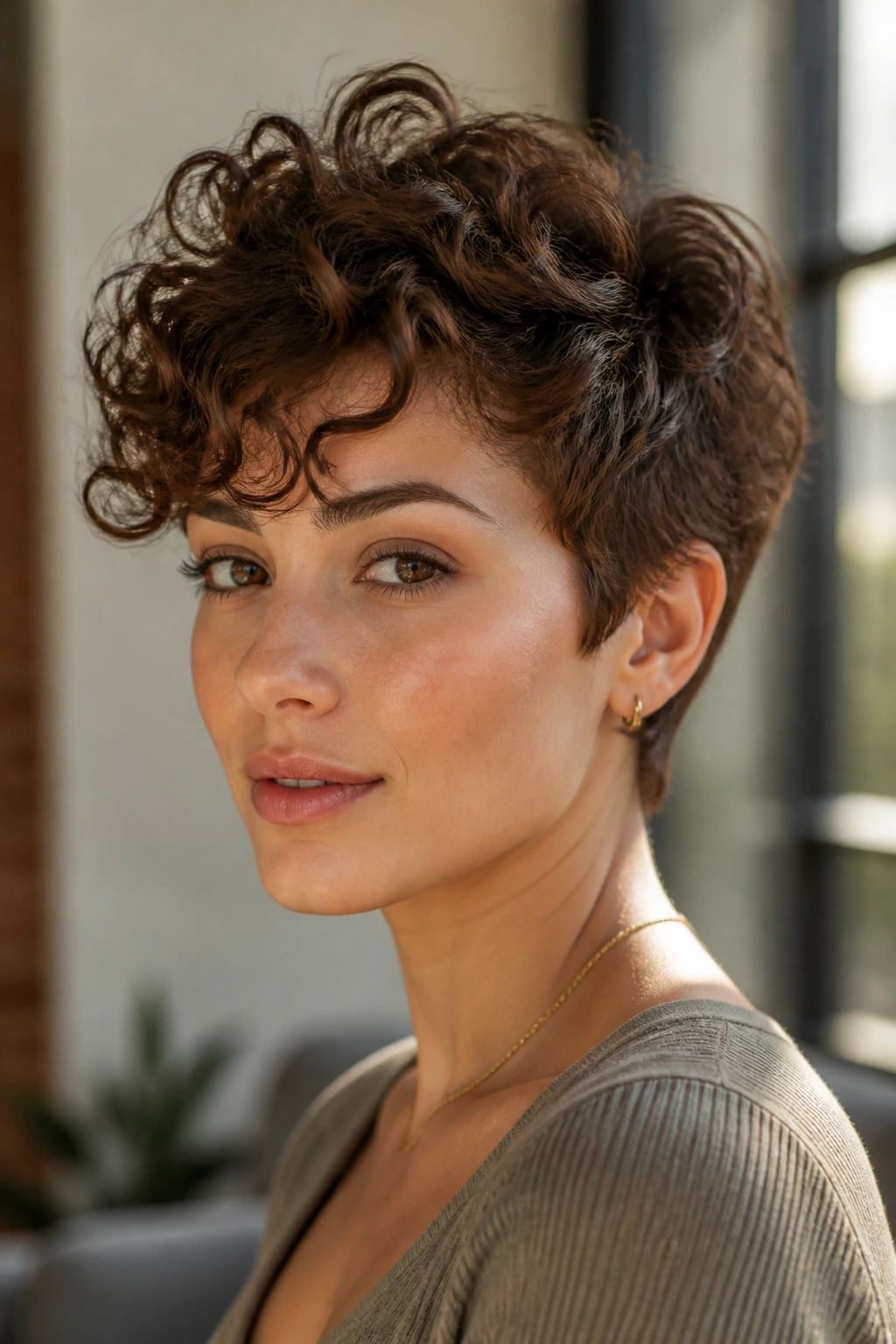 Close-up of a woman with a tapered pixie and top volume