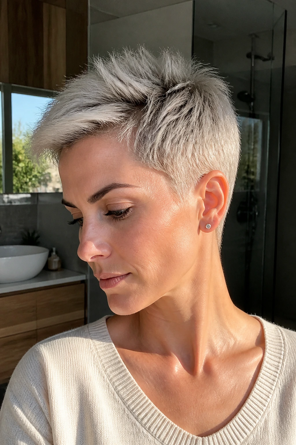 Close-up of a real person with tapered platinum crop and clean nape