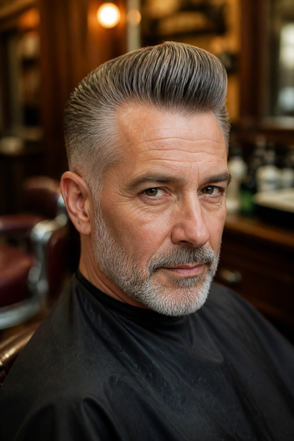 Man with tapered pompadour in warm barbershop setting