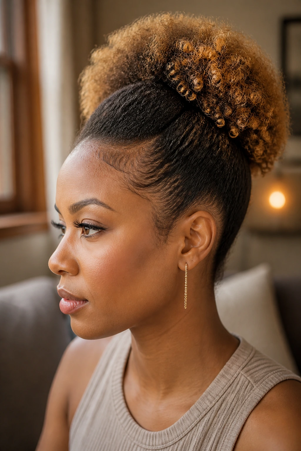Close-up of real person with tapered puff and blonde halo ponytail