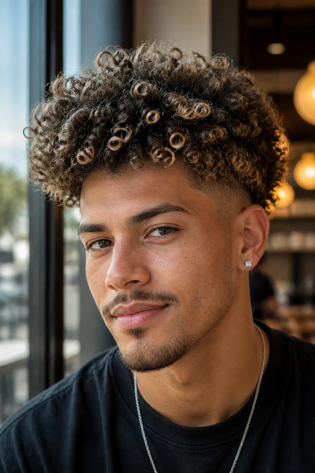 Close-up of a real man with a tapered puff and wheat blonde underlayers