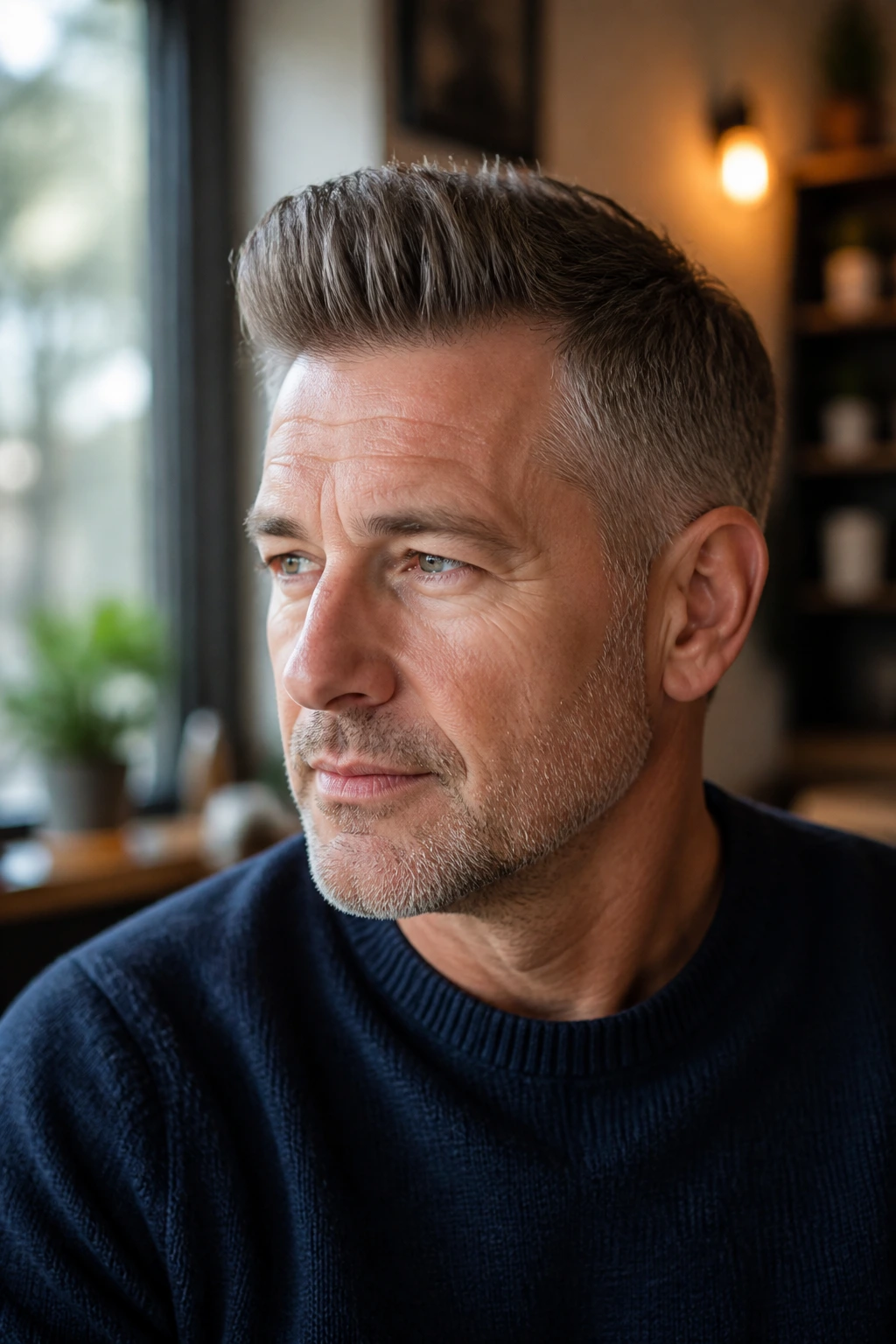 Close-up of a realistic man with a tapered quiff hairstyle