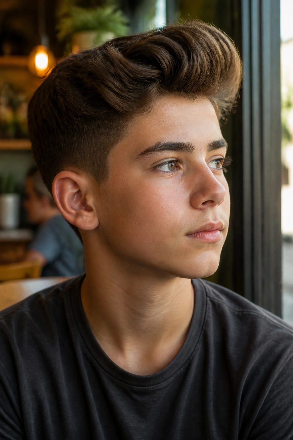 Portrait of a boy with a soft Tapered Quiff lifted at the front
