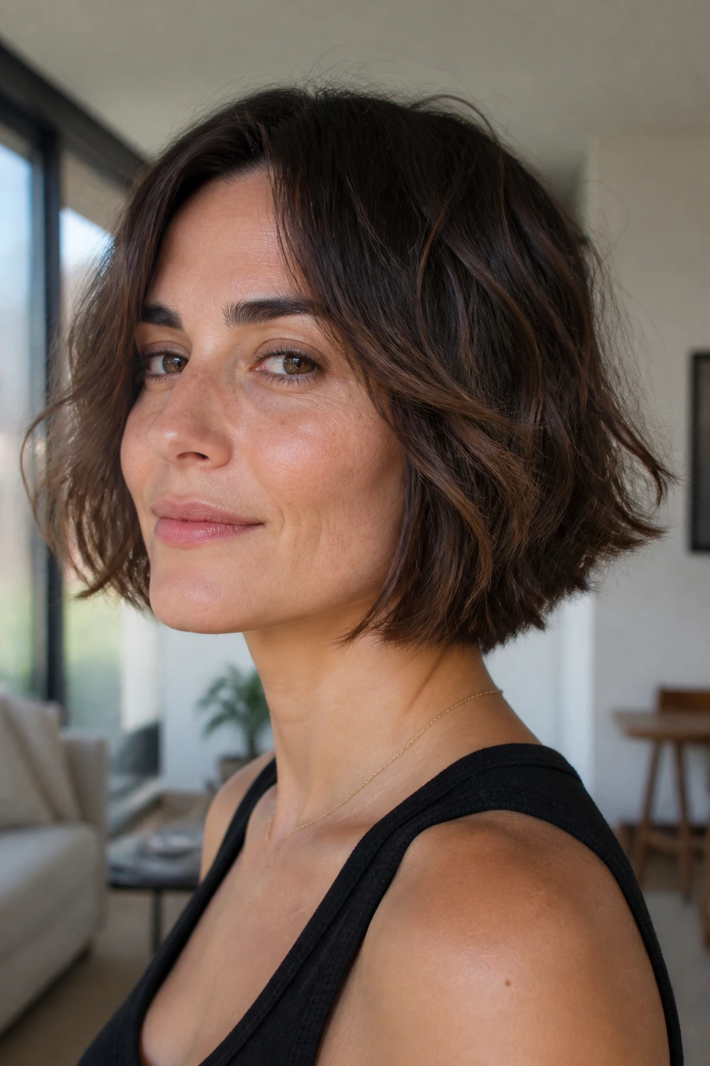 Close-up of a woman with a tapered razor layered bob showing tapered ends