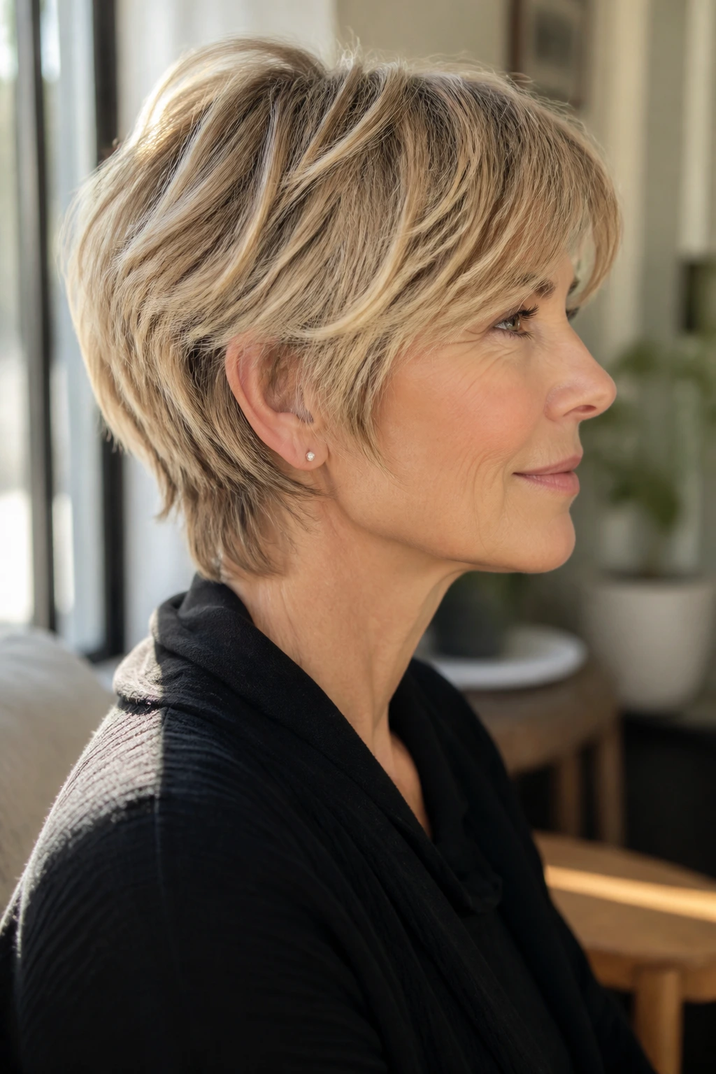Close-up of a real woman with ear-length tapered shag layers.