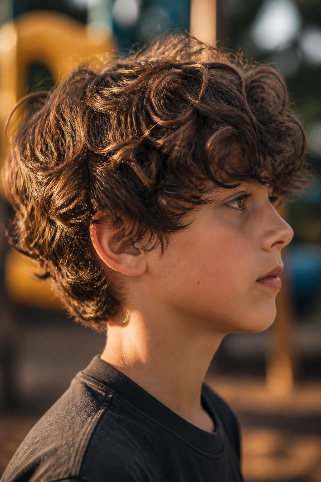 Close-up portrait of a boy with tapered shag and layered curls in outdoor playground lighting