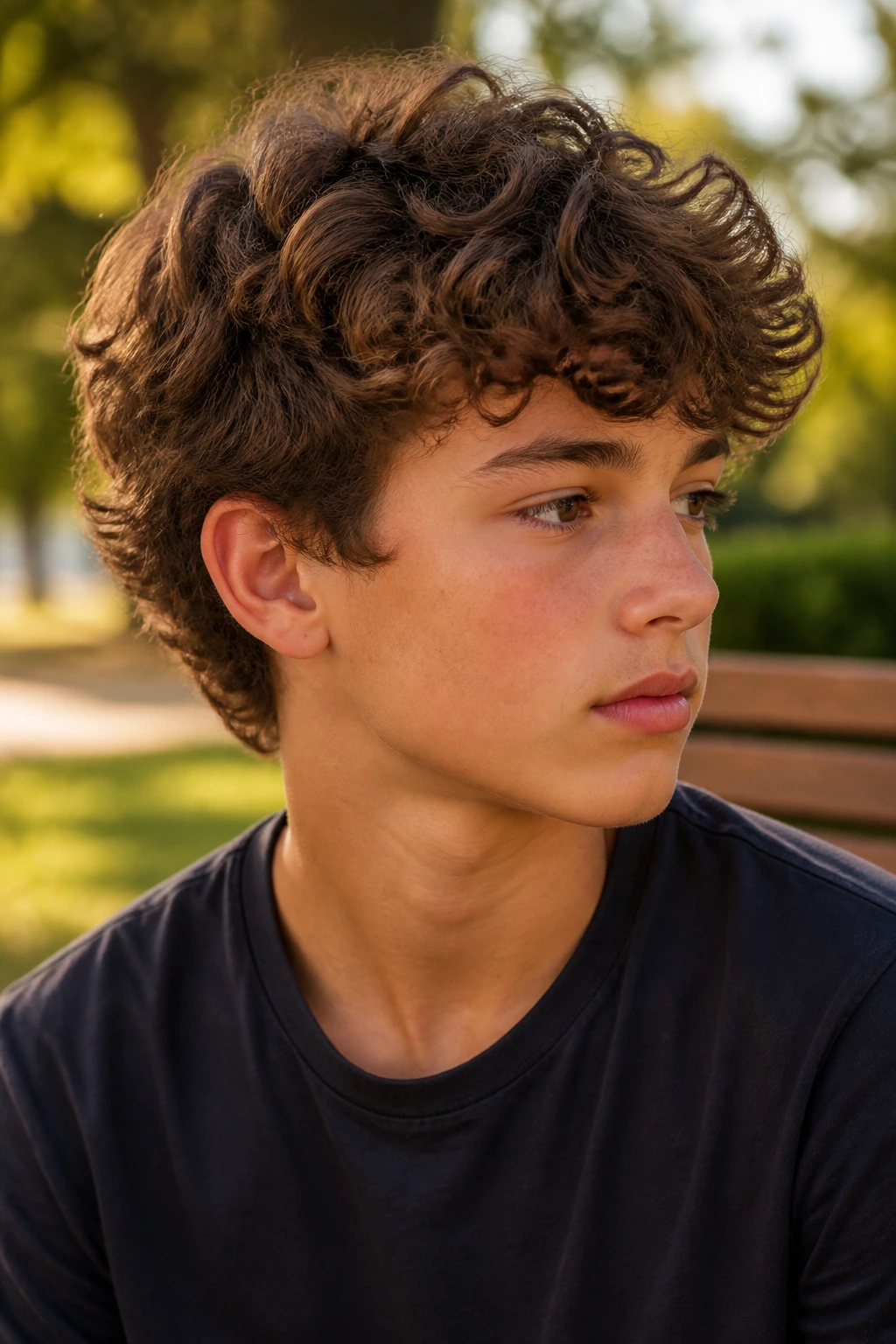 Boy with loose airy curls and layered top in natural light setting