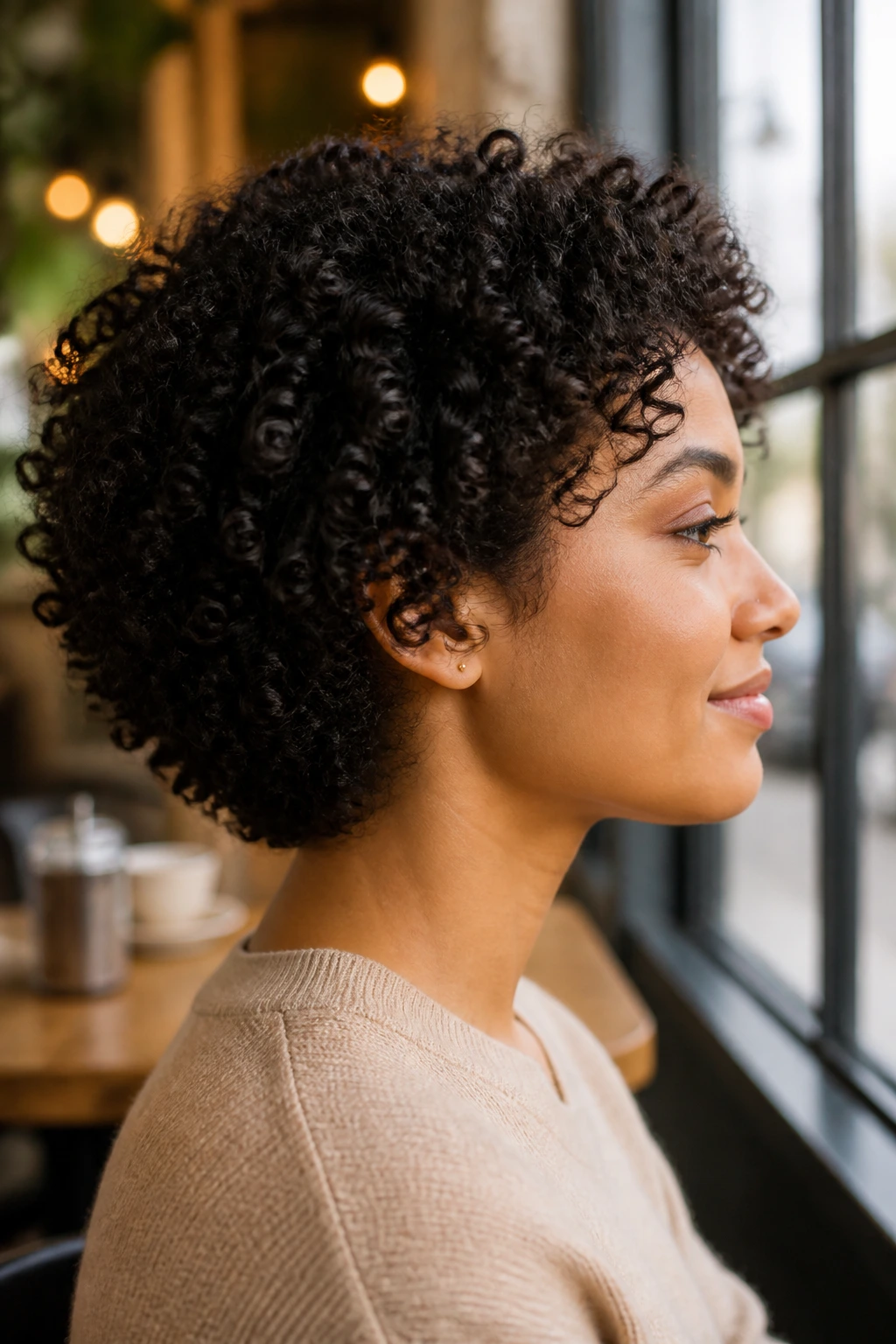 Side-profile portrait of a real woman with a tapered shoulder cut on tight coils