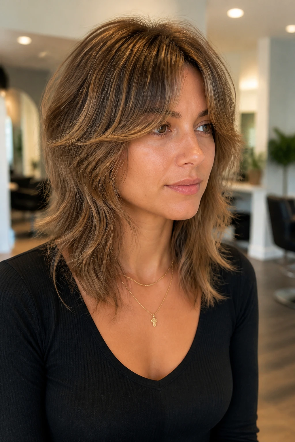 Medium close-up of a real person with shoulder-length tapered shag and soft curtain bangs
