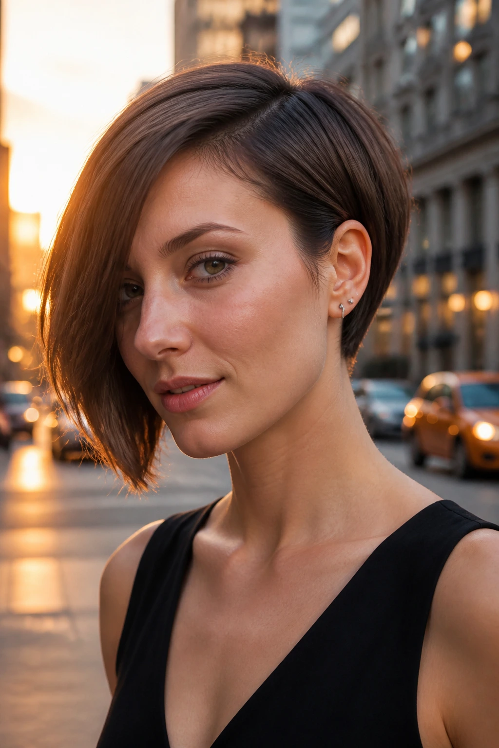 Close-up portrait of a real woman with tapered side-swept bob