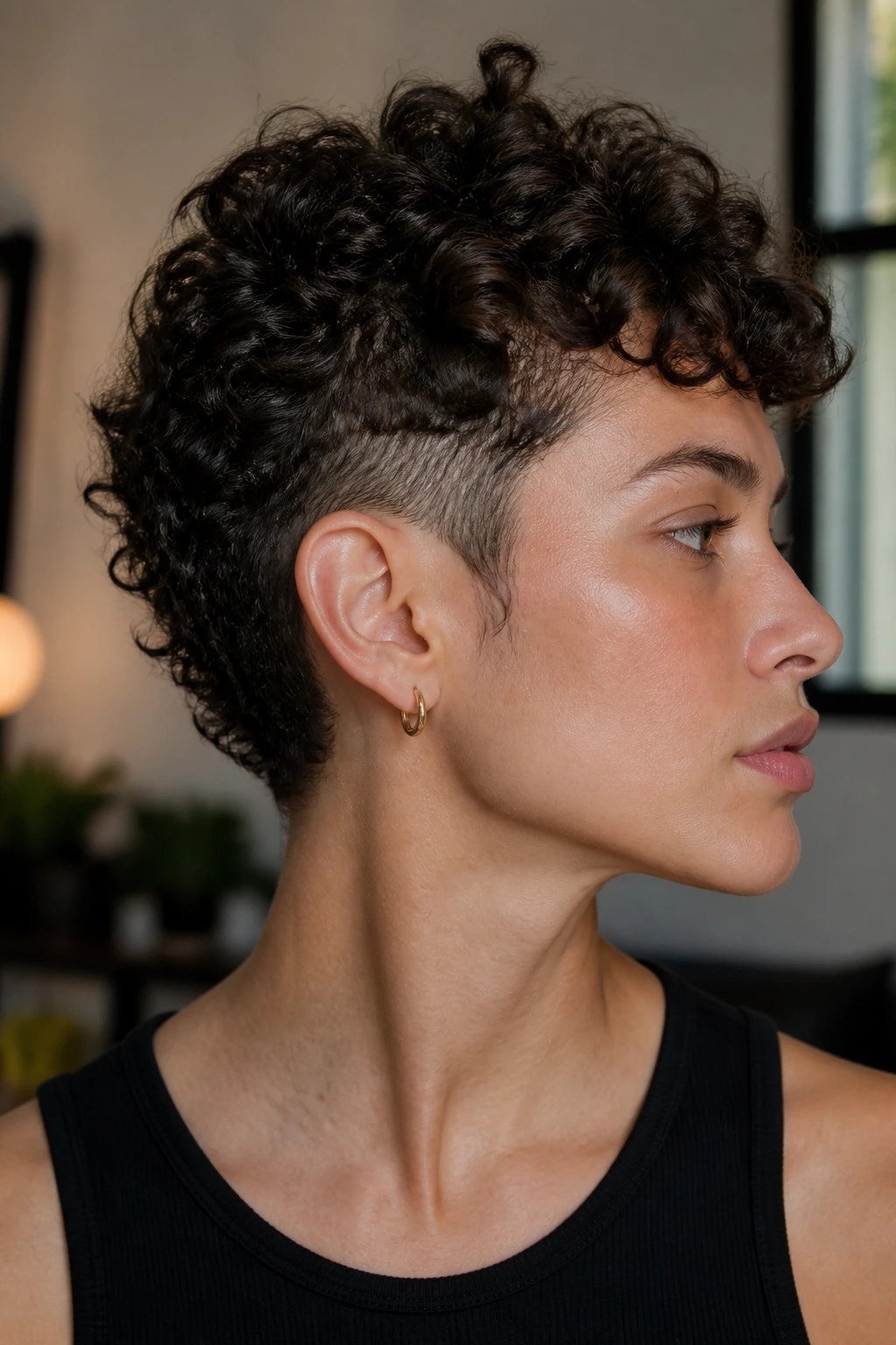 Profile portrait showing tapered sideburn cut on a real person with curls