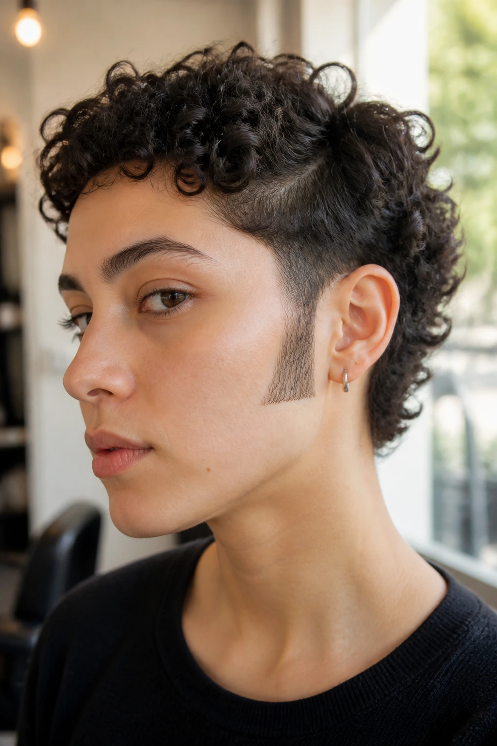 Close-up of a real person with a tapered sideburn cut in a warm salon setting