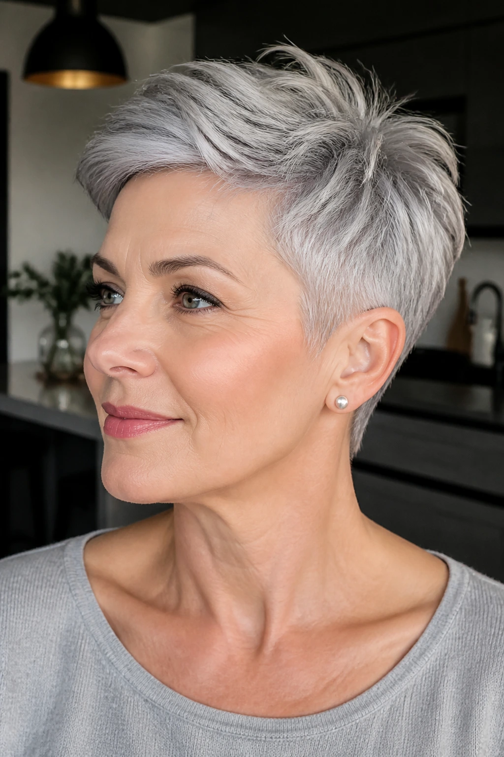 Real person with tapered silver crop for fine hair in urban setting